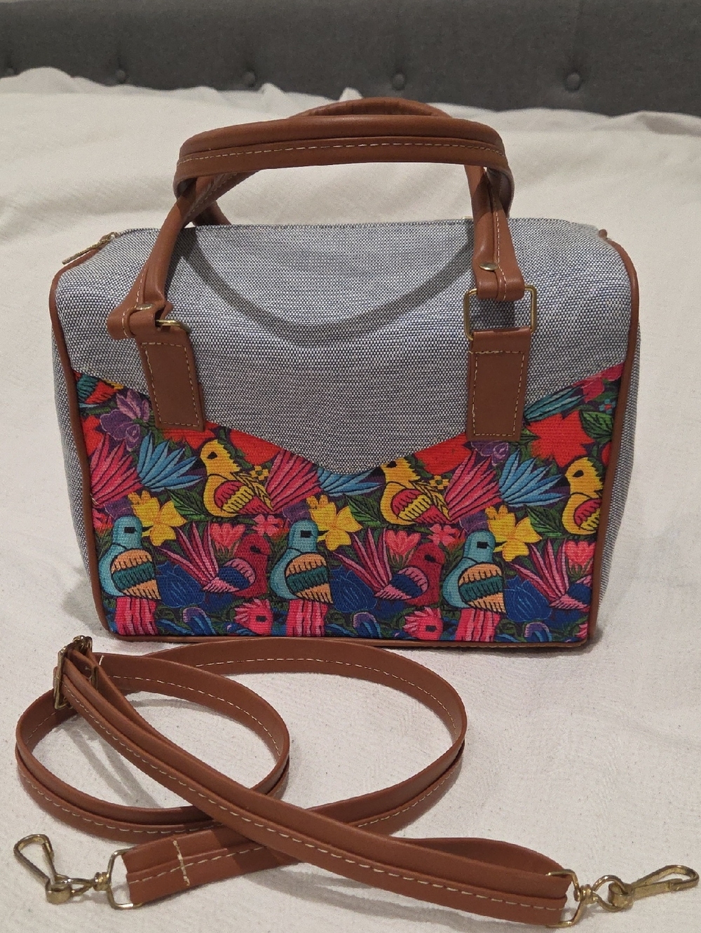 Colorful Embroidered Bird Pattern Bag with Brown Trim